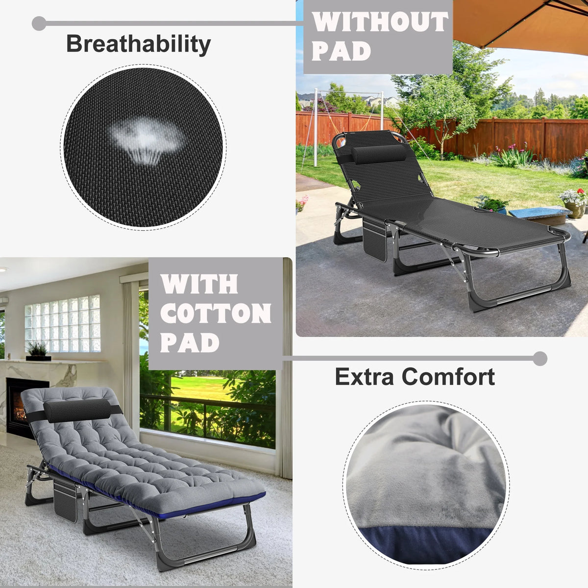 MOPHOTO Lounge Chair with Mattress, Outdoor Chaise Lounge Support 440 lb, Adjustable Portable Heavy Duty Sleeping Cots Bed for Camping, Pool, Beach, Patio