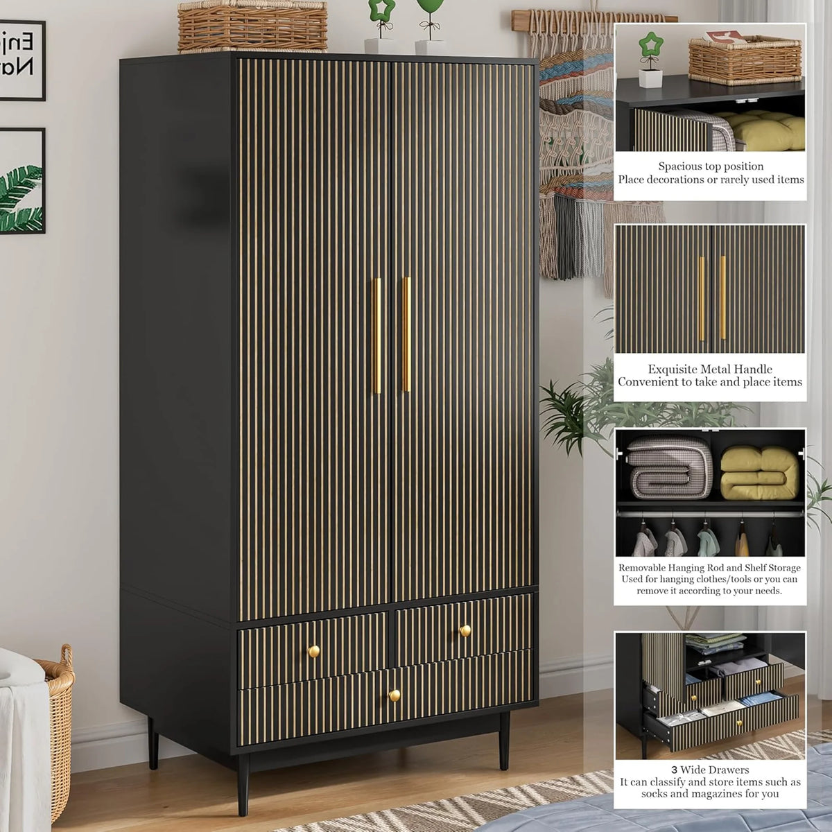 Oubayajia Wardrobe Armoire Closet, 2 Fluted Doors Wardrobe Cabinet with 3 - Drawer and Hanging Rod, Wood Wardrobe Storage for Bedroom