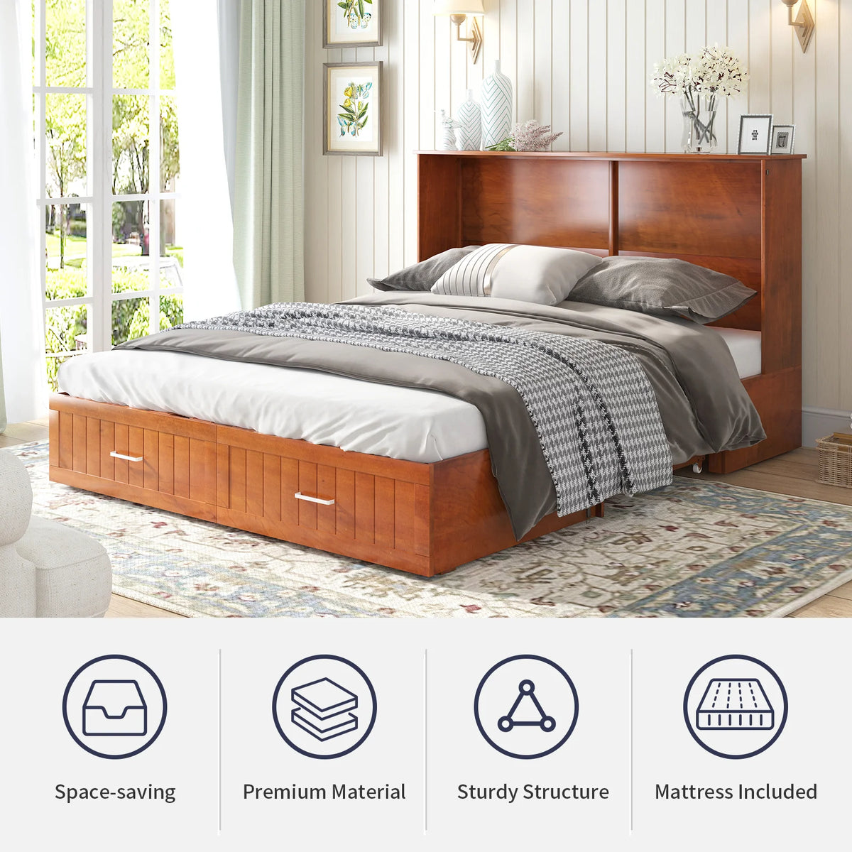 ZAFLY Murphy Bed with Trifold Foam Mattress, Cabinet Bed Has USB Charging Station, Convertible Bed with Storage Platform, Cabinet Chest Bed with Large Drawers for Living Room/Bedroom (Grey)