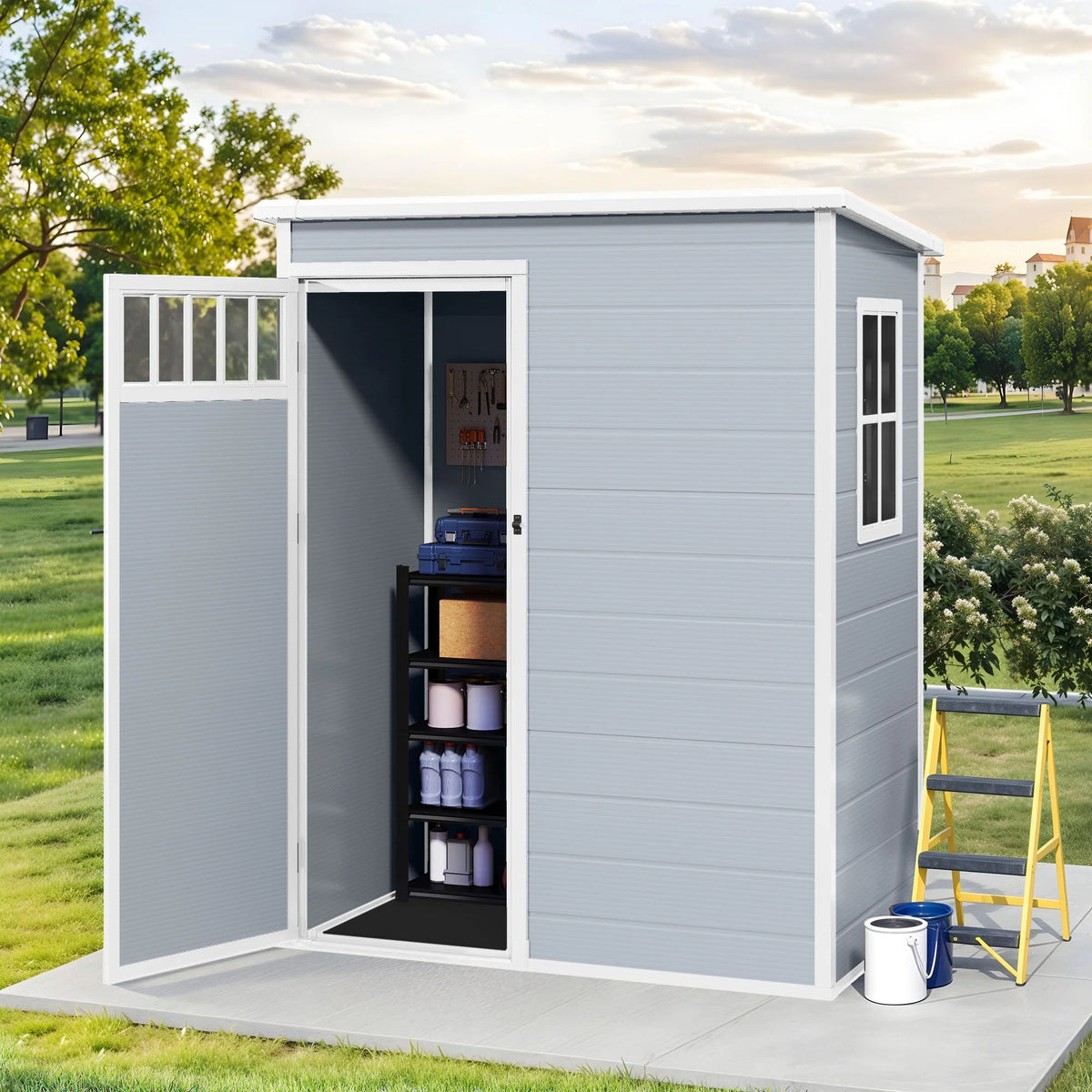 Modfusion 4.62.66.3 Ft Resin Storage Shed with Window, Floor, Plastic Roof, Storage Cabinets for Brooms Vacuum Cleaners Fits 65 to 68 in, Winter Gear Box, Black
