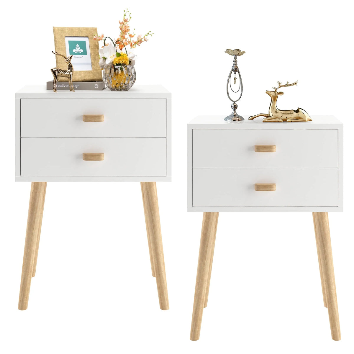 Syngar Nightstand Set of 2, Bedroom Bedside Table with 2 Drawer Storage Shelf, Simple Modern Night Stand End Table with Wood Handle, Easy Assembly, Suitable for Living Room Bedroom Furniture, White
