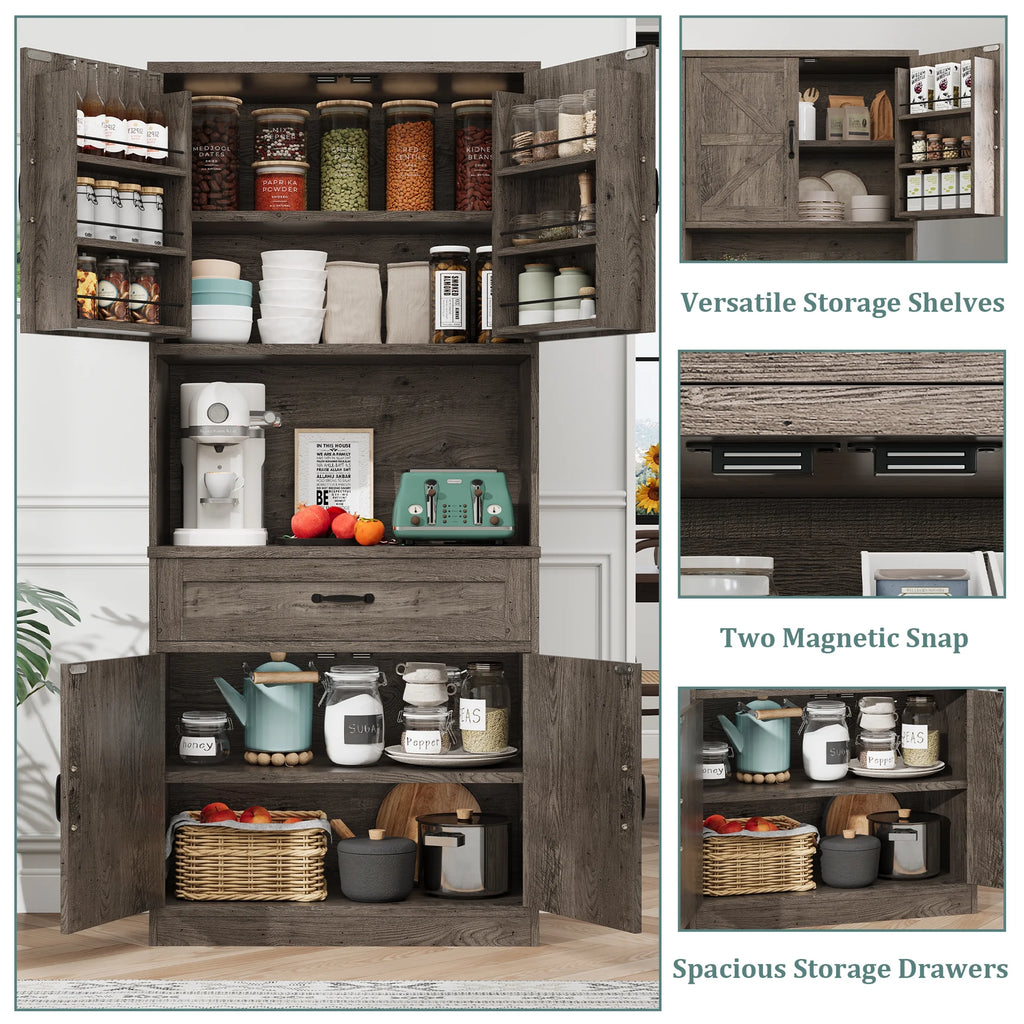 Planntonneo 71'' Tall Kitchen Pantry Storage Hutch Cabinet with Doors and Shelves, Grey Oak