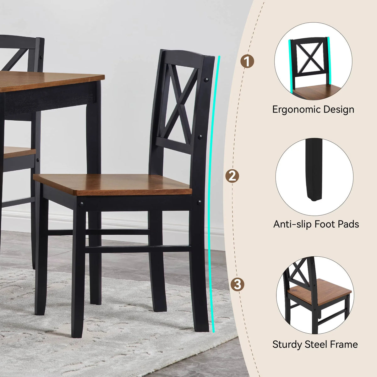 Seizeen Solid Wood Kitchen Table and Chairs, Dining Room Table Set for 4 with Gray Upholstered Chairs, Wood Grain Table Heavy - Duty Frame, Rustic Minimalist Style Breakfast Nook Set