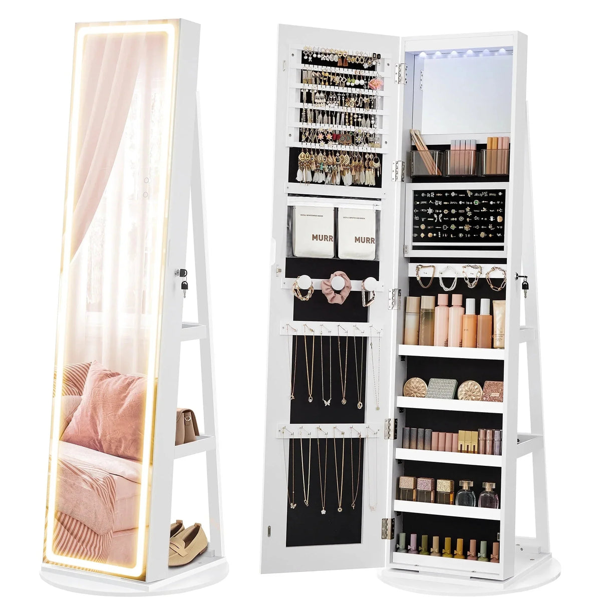 LED Mirror Jewelry Cabinet Standing Jewelry Armoire Organizer Box with Full-length Mirror and Adjustable LED Lights White