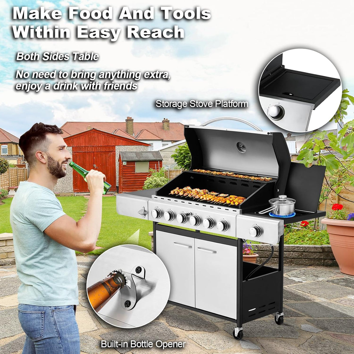 Upgraded 4 Burner Bbq Propane Gas Grill with Cast Iron Grates & Side Stove, 44,000 btu Stainless Steel Burner Barbecue Grill for Patio,…