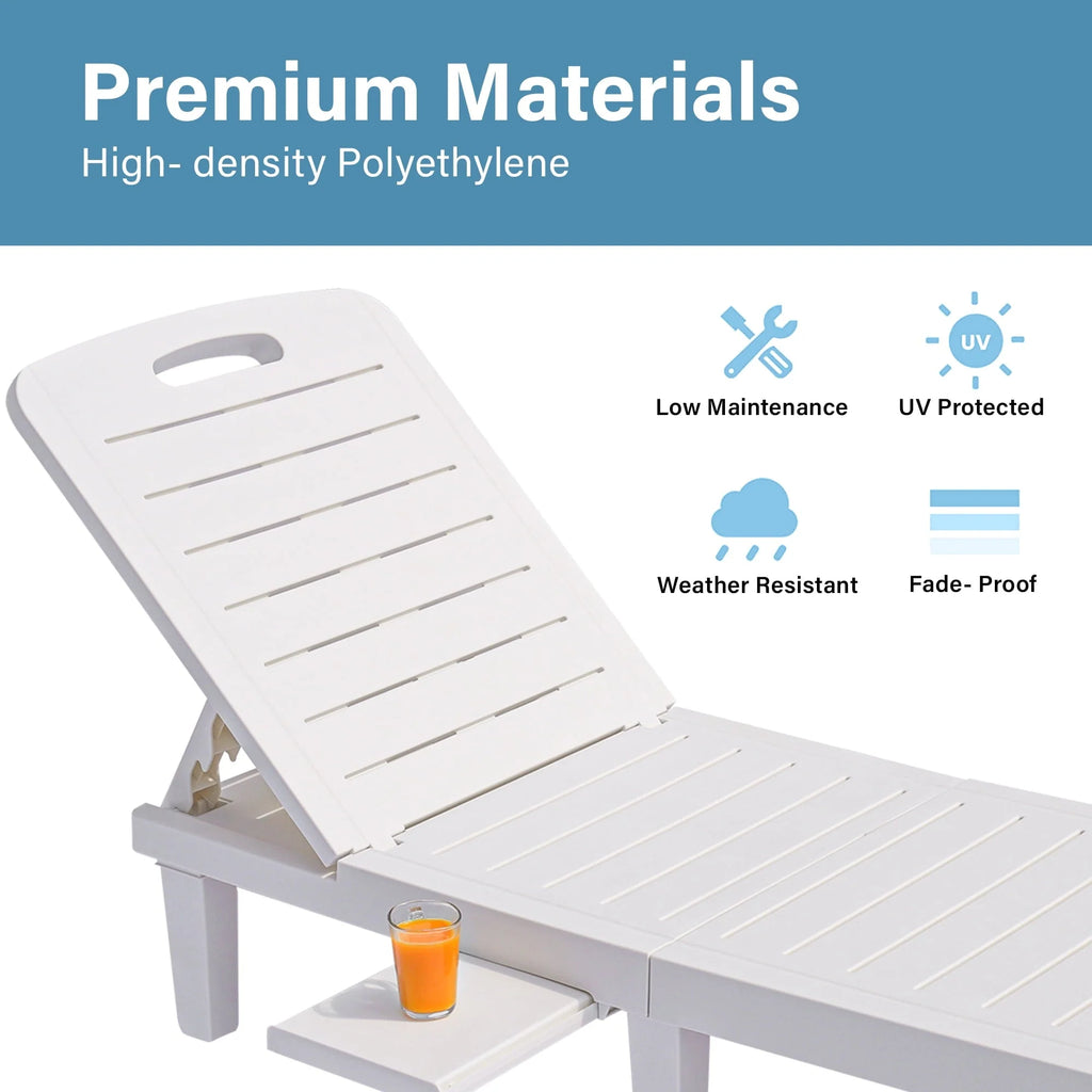 Patio Lounge Chair Set of 2, Adjustable Chaise with Side Table, Outdoor Lounger Recliner for Poolside, Patio, Backyard, Wood Texture Design | Waterproof | Easy to Assemble | Max Weight 330 lb White