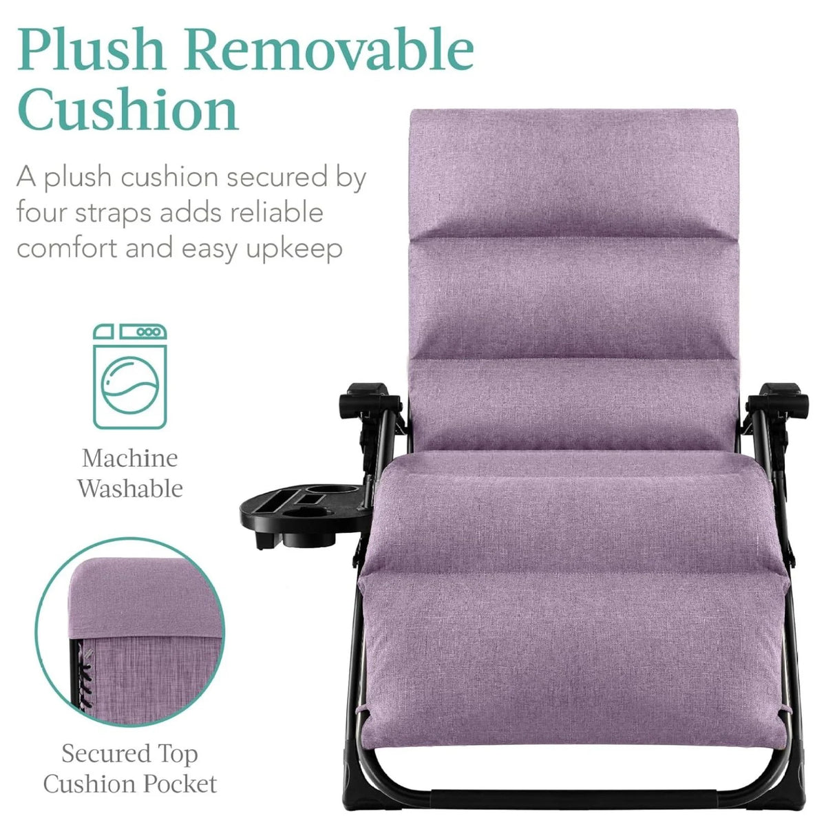 Oversized Chair, Folding Outdoor Patio Recliner, XL Anti Gravity Lounger W/Removable Cushion, Cup Holder, Side Tray, 350 lb Capacity - Taupe