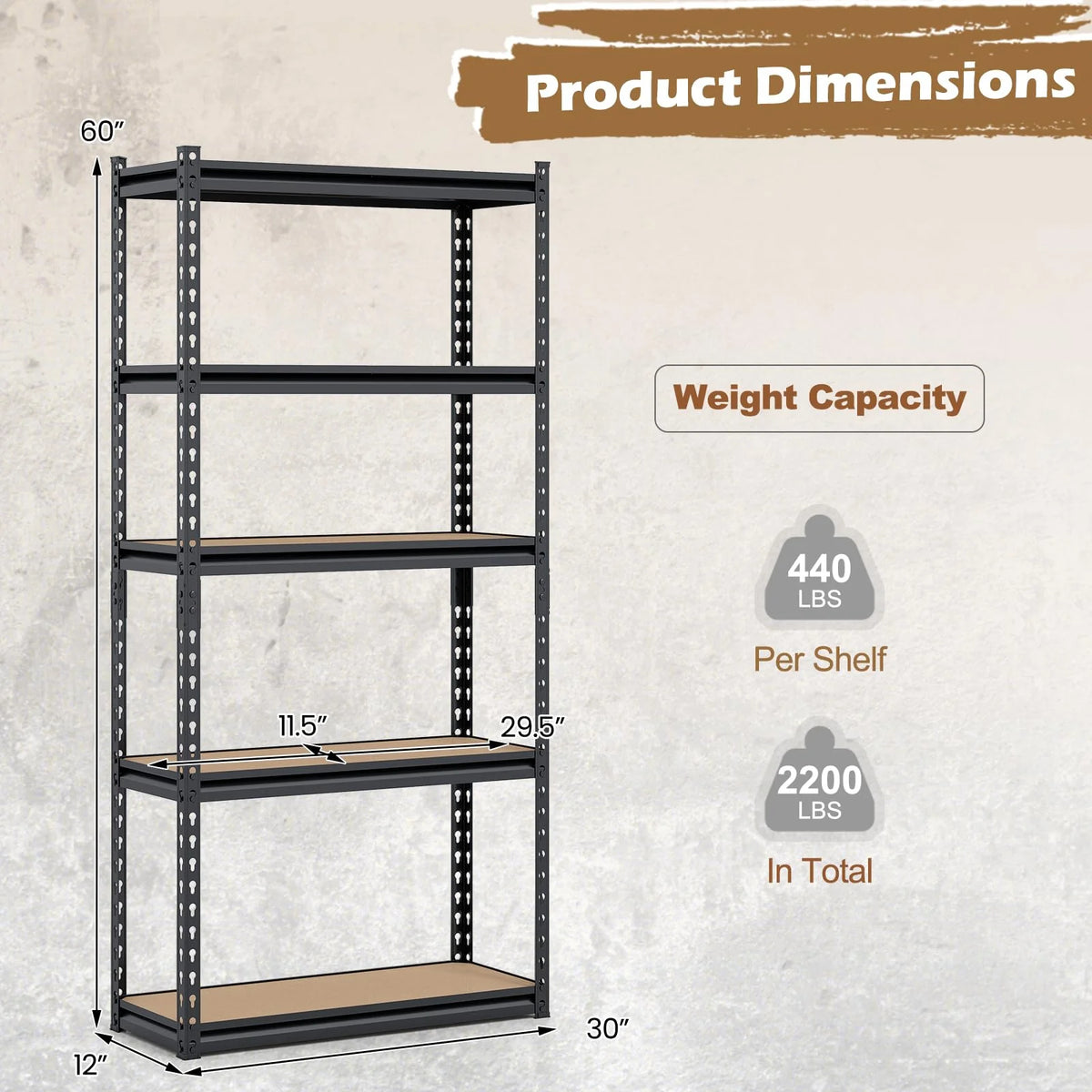 Tangkula 5-Tier Heavy Duty Garage Shelving Units w/Adjustable Utility Rack (30" W x 12" D x 60" H)