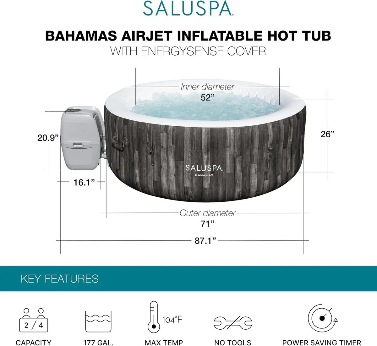 Large Round 2 to 4 Person Inflatable Hot Tub Portable Outdoor Spa with 120 Airjets and Energysense Cover, Grey