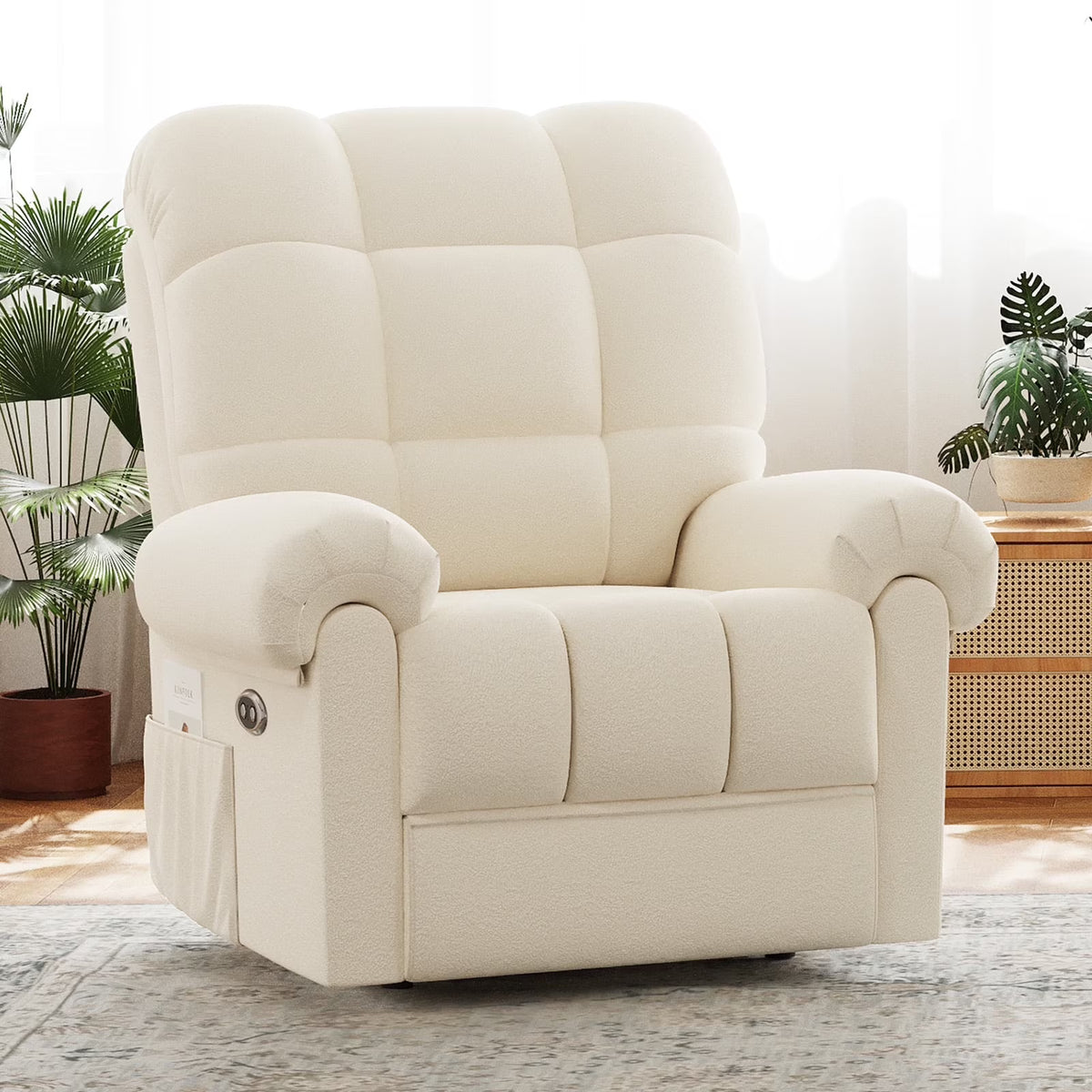 Power Recliner Chair, Electric Recline Sofa Chair for Adults with USB Port, Comfy Teddy Fleece Adjustable Cloud Sofa, Tool - Free Setup, Beige White