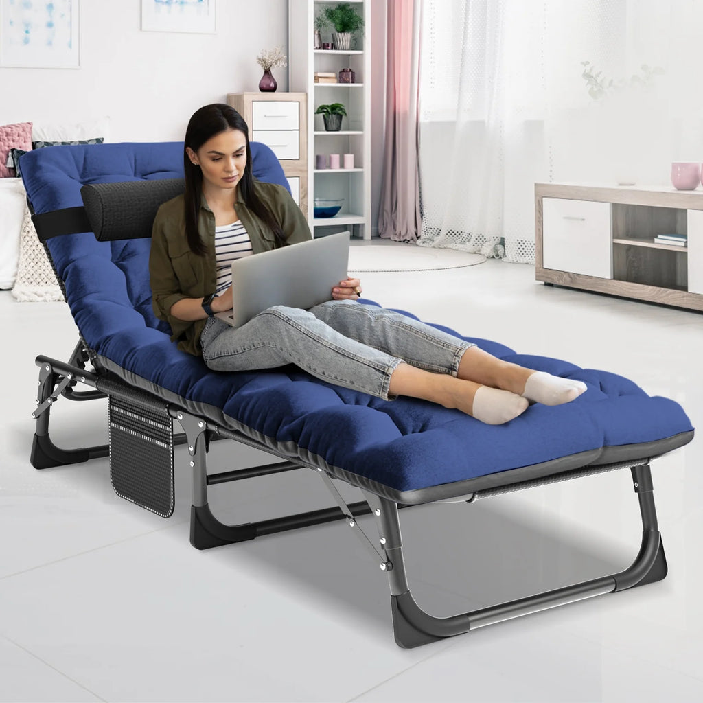 MOPHOTO Lounge Chair with Mattress, Outdoor Chaise Lounge Support 440 lb, Adjustable Portable Heavy Duty Sleeping Cots Bed for Camping, Pool, Beach, Patio