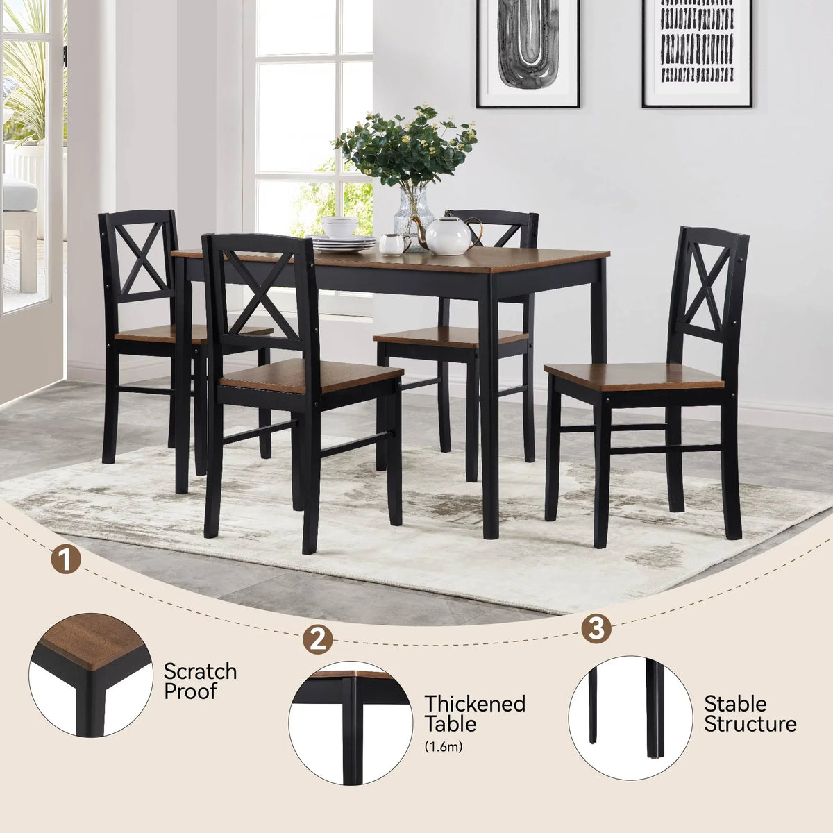 Seizeen Solid Wood Kitchen Table and Chairs, Dining Room Table Set for 4 with Gray Upholstered Chairs, Wood Grain Table Heavy - Duty Frame, Rustic Minimalist Style Breakfast Nook Set
