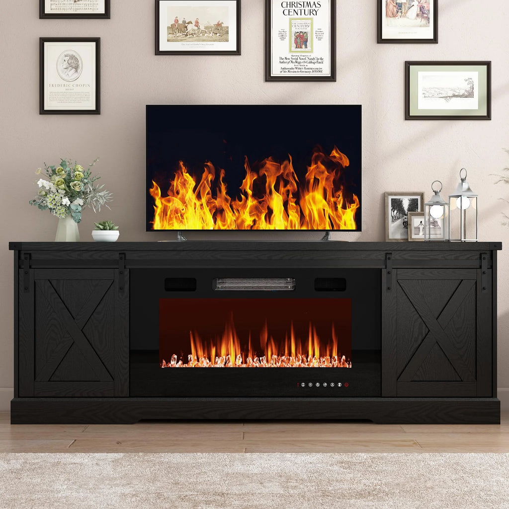 Chvans Farmhouse Barn Door TV Stand for up to 65" Tvs & 23" Electric Fireplace, Entertainment Center Console Table with Adjustable Shevles