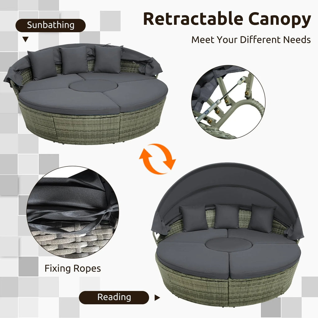 Tangkula Patio Round Daybed with Retractable Canopy(Grey)