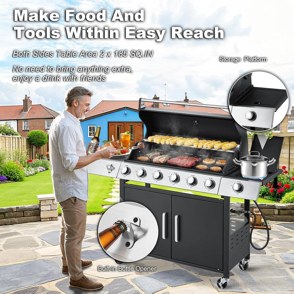 Upgraded 4 Burner Bbq Propane Gas Grill with Cast Iron Grates & Side Stove, 44,000 btu Stainless Steel Burner Barbecue Grill for Patio,…