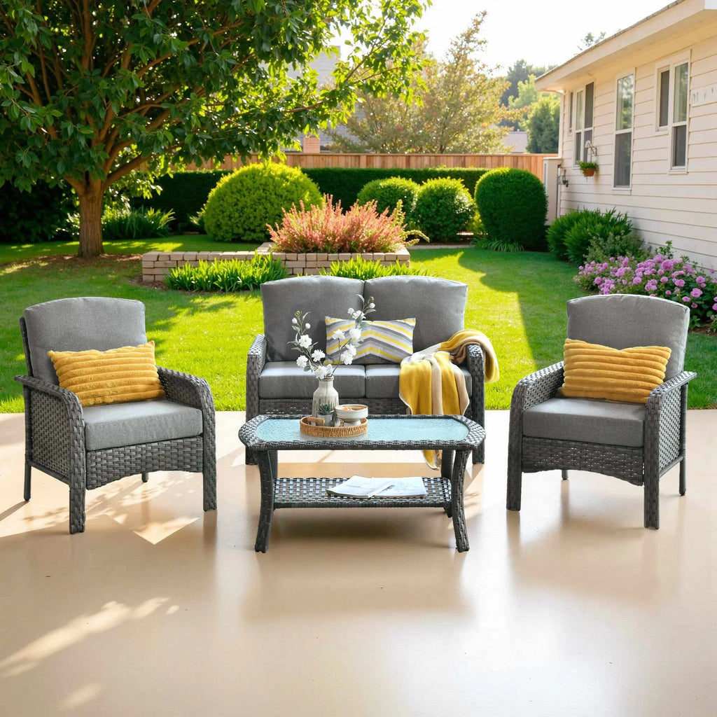 Ovios 4 Pieces Wicker Outdoor Patio Furniture with Coffee Table High Back All-Weather Rattan Outdoor Sectional Conversation Set for Backyard Porch Garden, Denim Blue