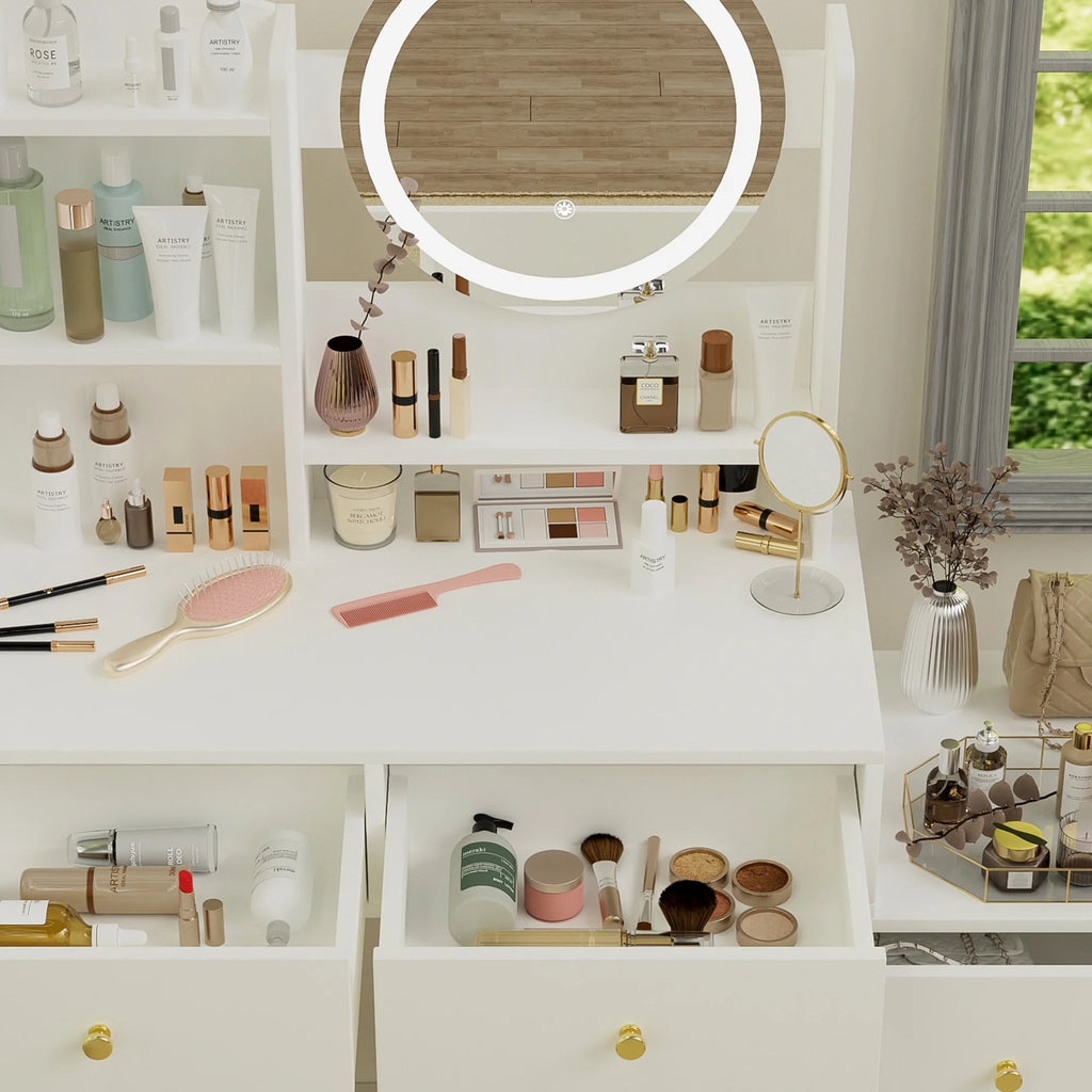 Montary Modern Mini Vanity W/Adjustable LED Mirror + Hidden Storage, Padded Stool & Dustproof Shelves (White)