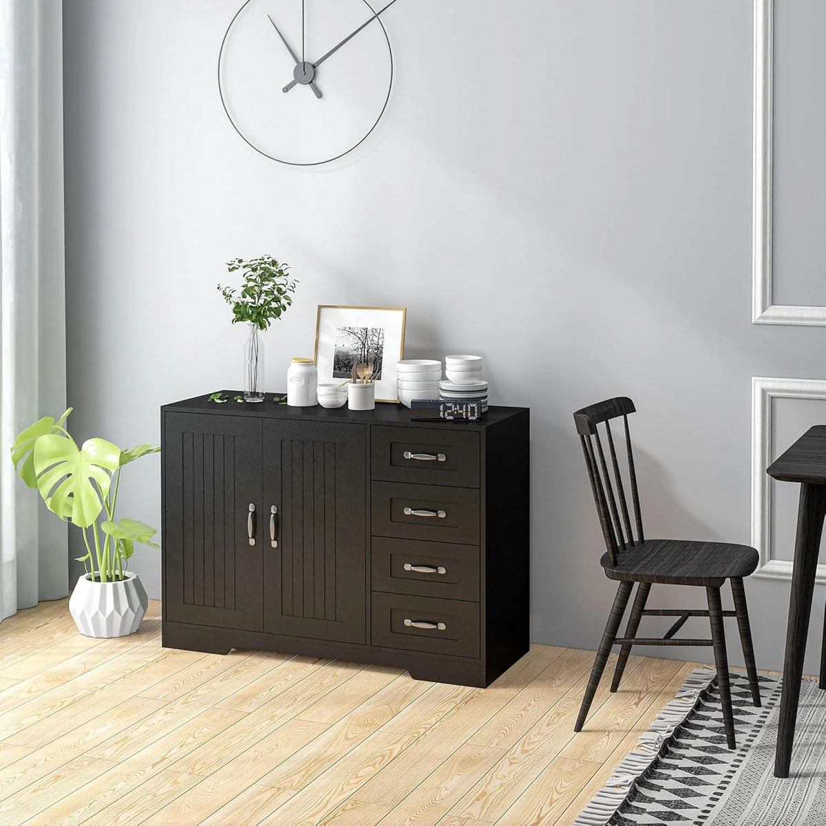 Sideboard Cabinet with Drawers and Beadboard Doors, Black