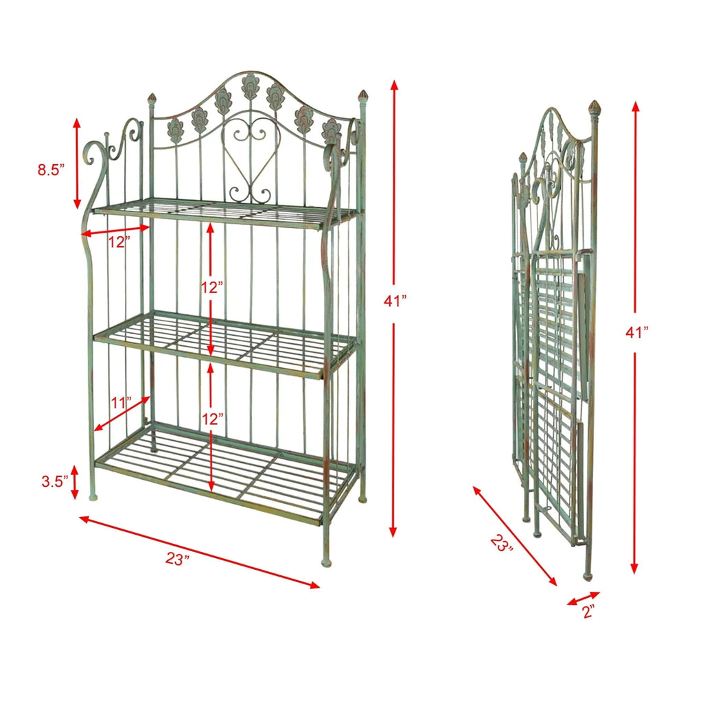Westcharm 41 in Tall Pre - Assembled Folding Metal Shelf | Plant Stand | Shelving Unit | Bookcase | Outdoor Baker'S Rack with Scrolling Heart & Peacock Tail Motif - Verdigris Green