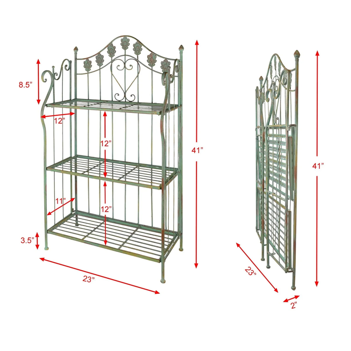 Westcharm 41 in Tall Pre - Assembled Folding Metal Shelf | Plant Stand | Shelving Unit | Bookcase | Outdoor Baker'S Rack with Scrolling Heart & Peacock Tail Motif - Verdigris Green