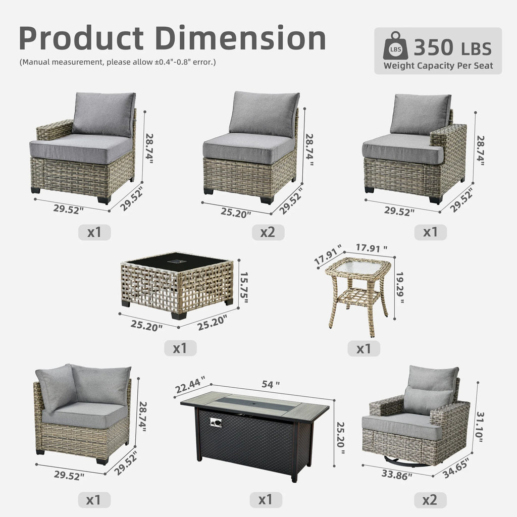 Ovios 10 Pieces Outdoor Patio Furniture Modern High - Back All - Weather Wicker Sectional Conversation Set with Propane Fire Pit Table & Swivel Chair, Dark Gray