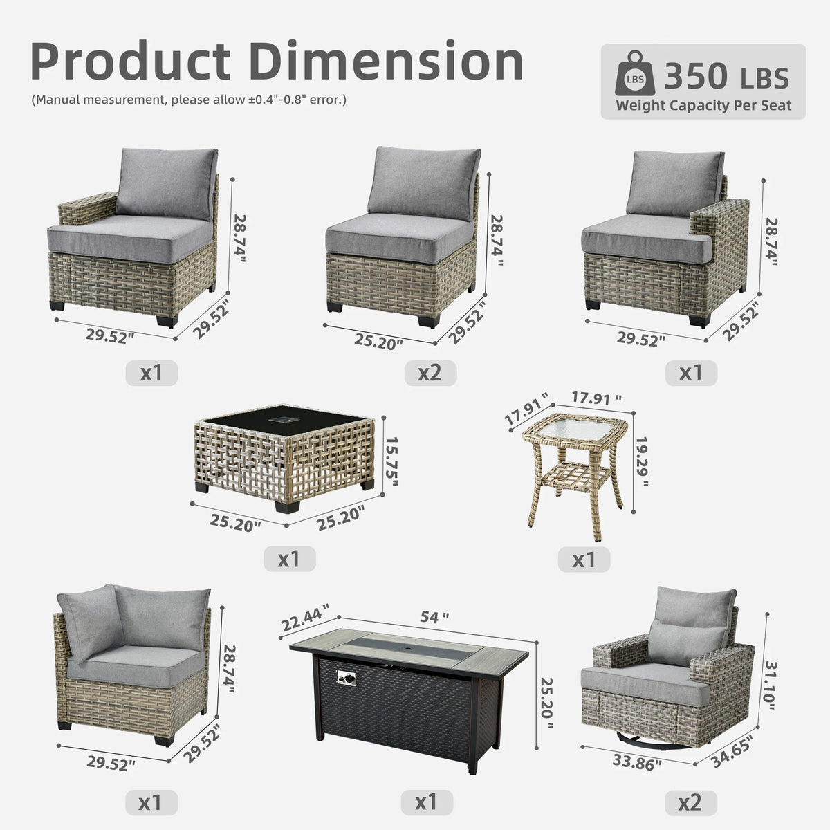 Ovios 10 Pieces Outdoor Patio Furniture Modern High - Back All - Weather Wicker Sectional Conversation Set with Propane Fire Pit Table & Swivel Chair, Dark Gray