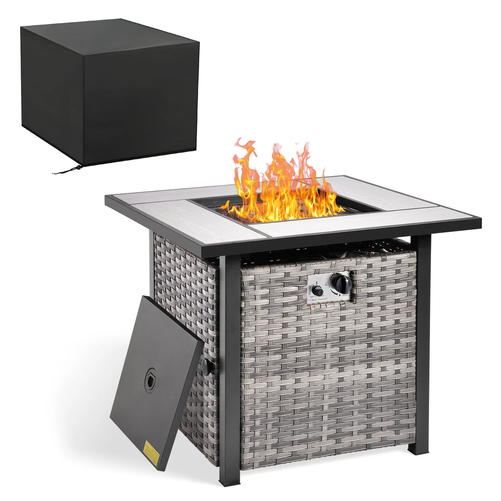 Ovios 7 Piece Wicker Outdoor Patio Dining Set with Fire Pit Table, Grey
