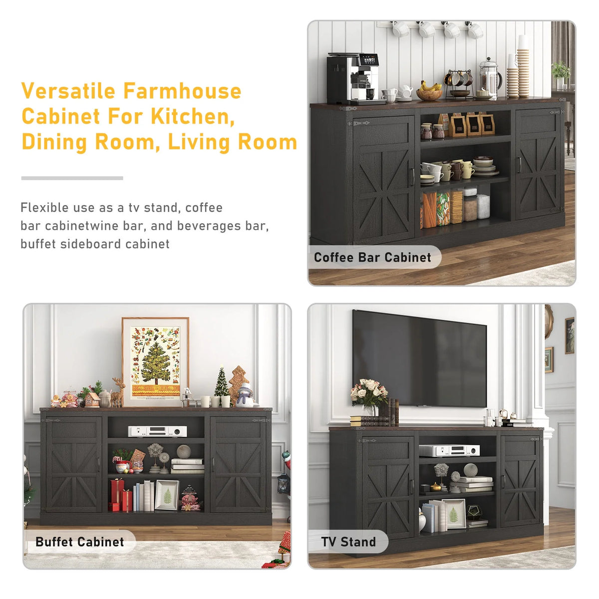 Chvans Farmhouse Barn Door TV Stand for up to 65" Tvs & 23" Electric Fireplace, Entertainment Center Console Table with Adjustable Shevles