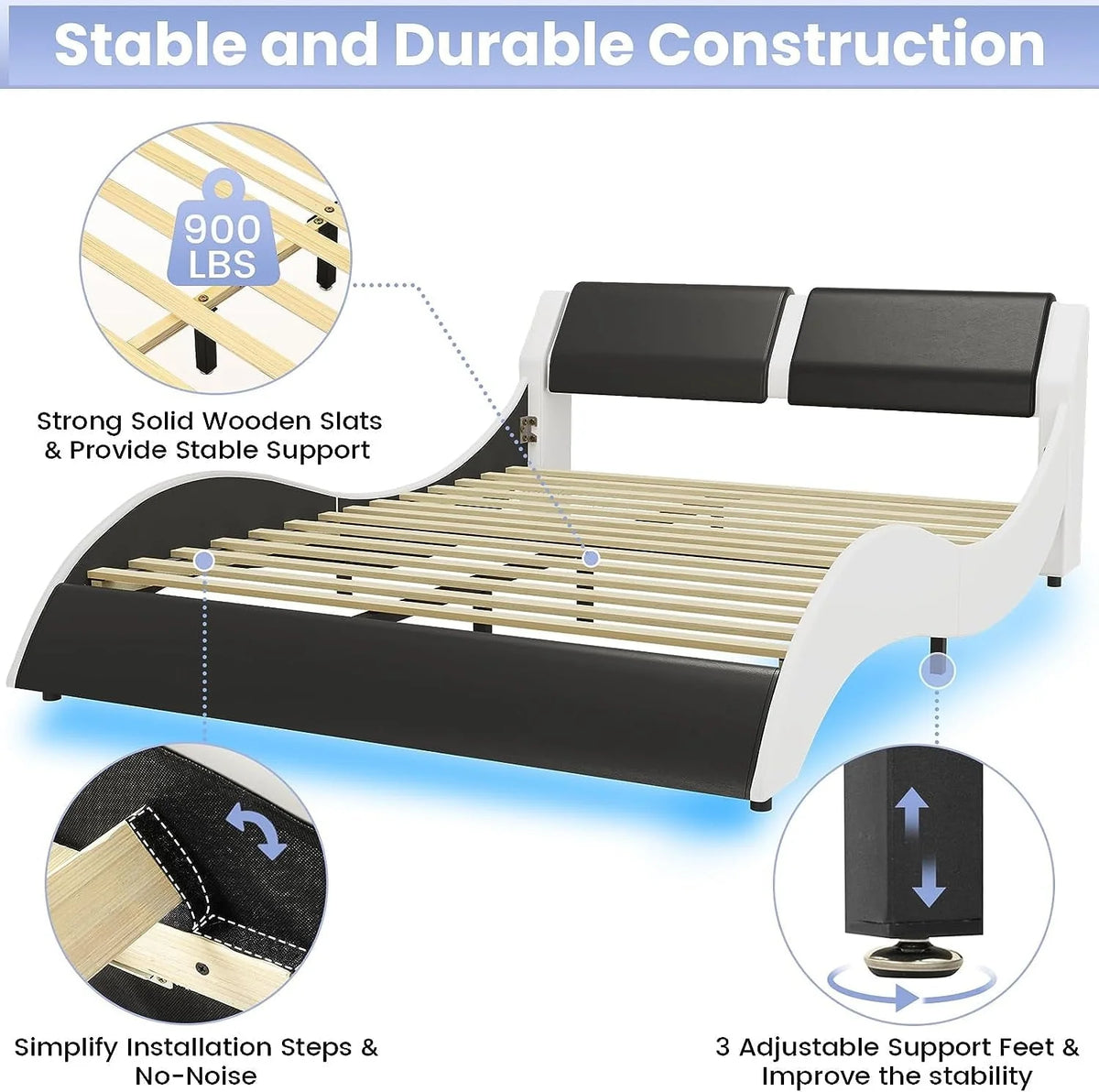 Queen Size Bed Frame with LED Lights, Modern Platform Bed Frame with Upholstered Headboard, Faux Leather Wave Like Low Profile Bed Frame, No Box Spring Needed, Black