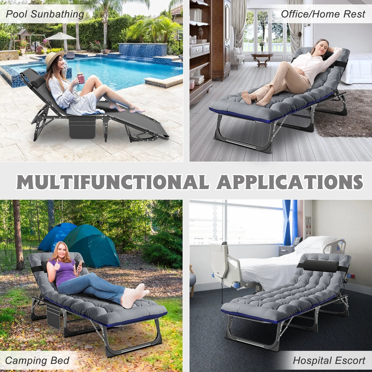 MOPHOTO Lounge Chair with Mattress, Outdoor Chaise Lounge Support 440 lb, Adjustable Portable Heavy Duty Sleeping Cots Bed for Camping, Pool, Beach, Patio