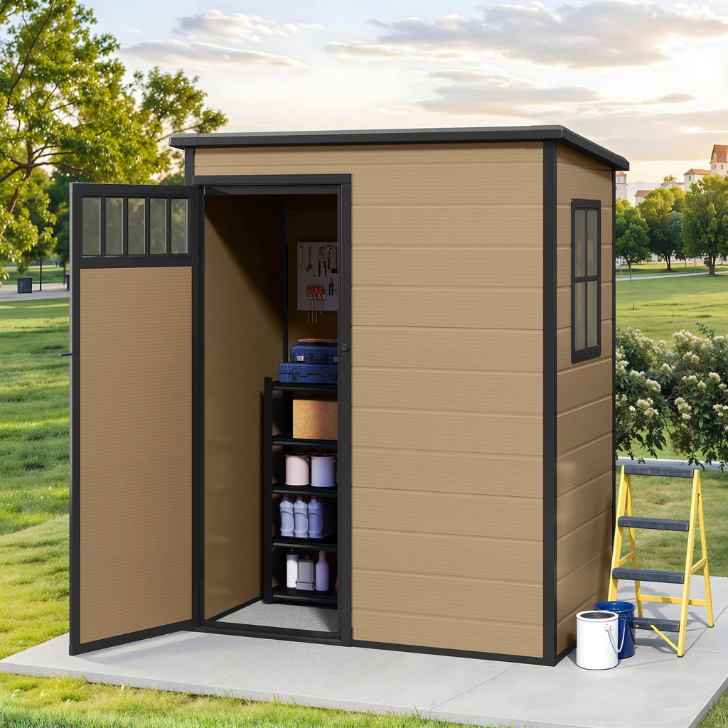 Modfusion 4.62.66.3 Ft Resin Storage Shed with Window, Floor, Plastic Roof, Storage Cabinets for Brooms Vacuum Cleaners Fits 65 to 68 in, Winter Gear Box, Black