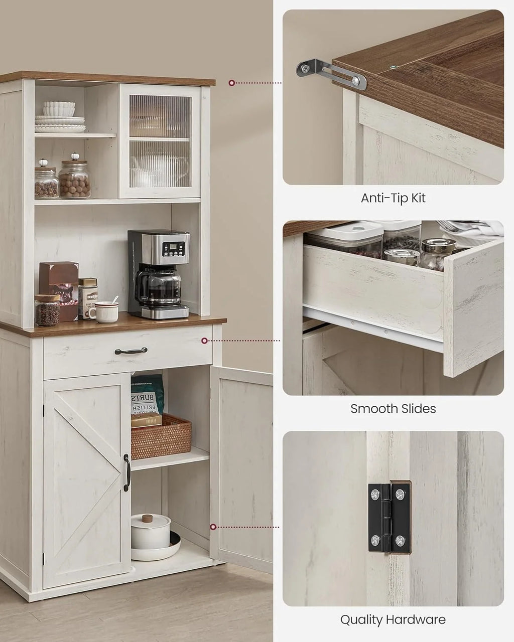 Pantry Cabinet with Lights and Charging Station, Rustic White