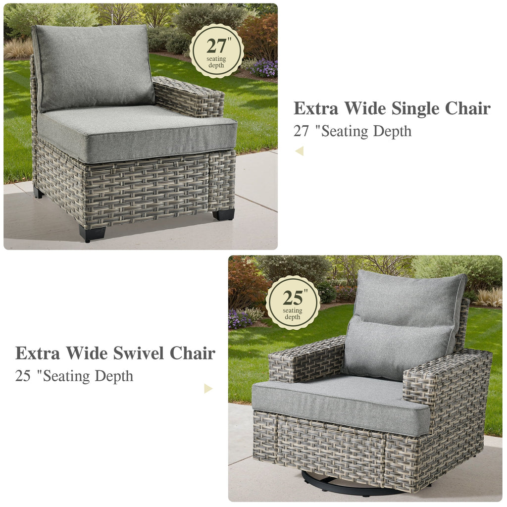 Ovios 10 Pieces Outdoor Patio Furniture Modern High - Back All - Weather Wicker Sectional Conversation Set with Propane Fire Pit Table & Swivel Chair, Dark Gray