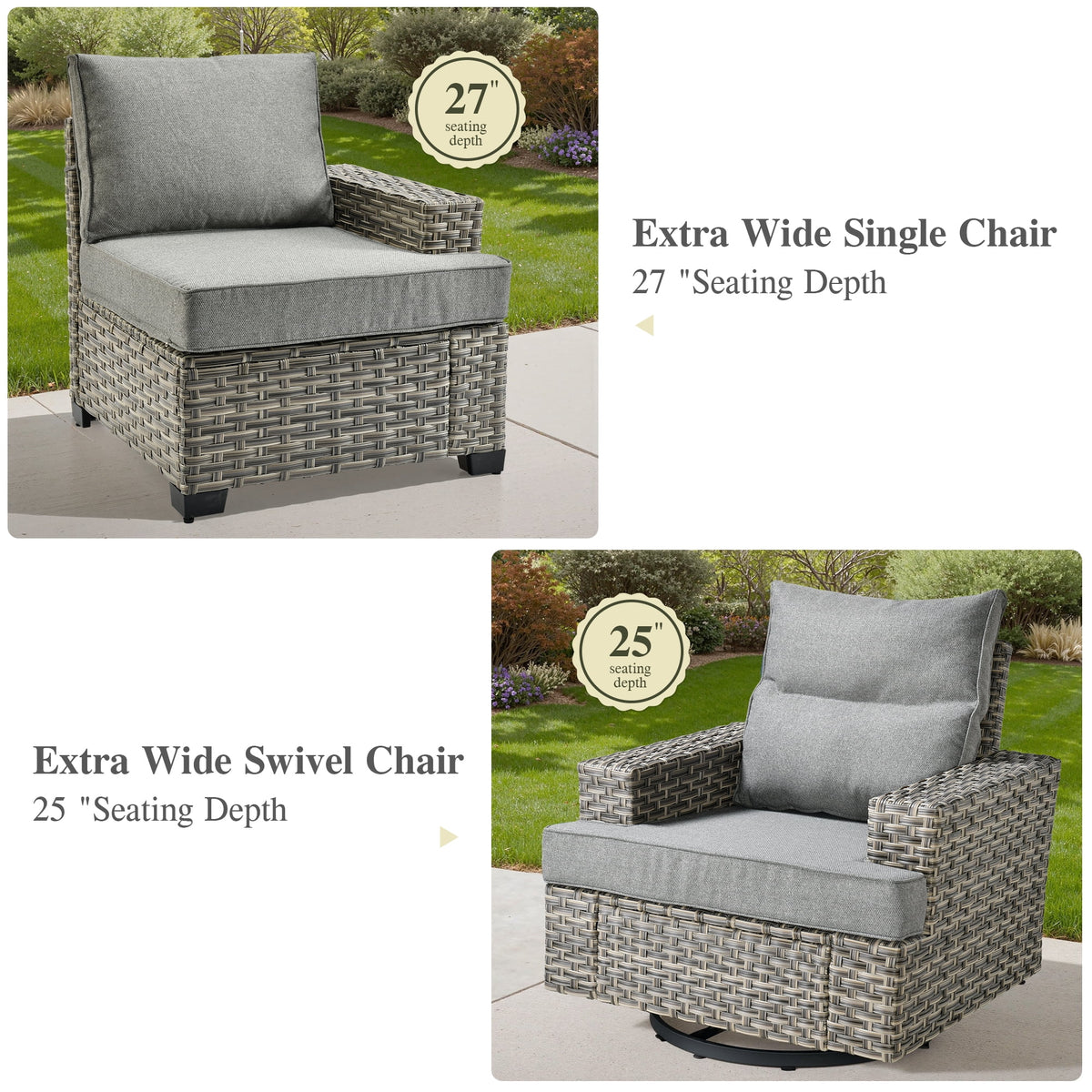 Ovios 10 Pieces Outdoor Patio Furniture Modern High - Back All - Weather Wicker Sectional Conversation Set with Propane Fire Pit Table & Swivel Chair, Dark Gray