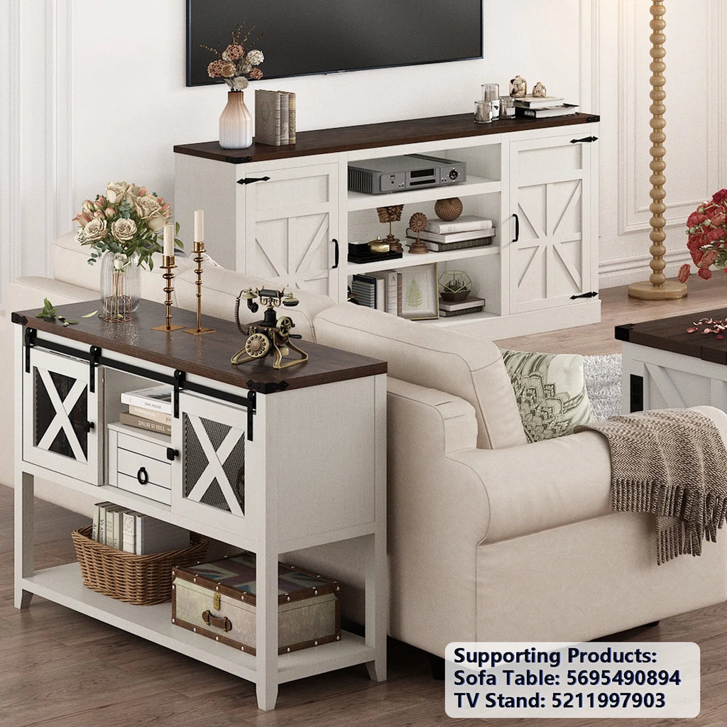 Chvans Farmhouse Barn Door TV Stand for up to 65" Tvs & 23" Electric Fireplace, Entertainment Center Console Table with Adjustable Shevles