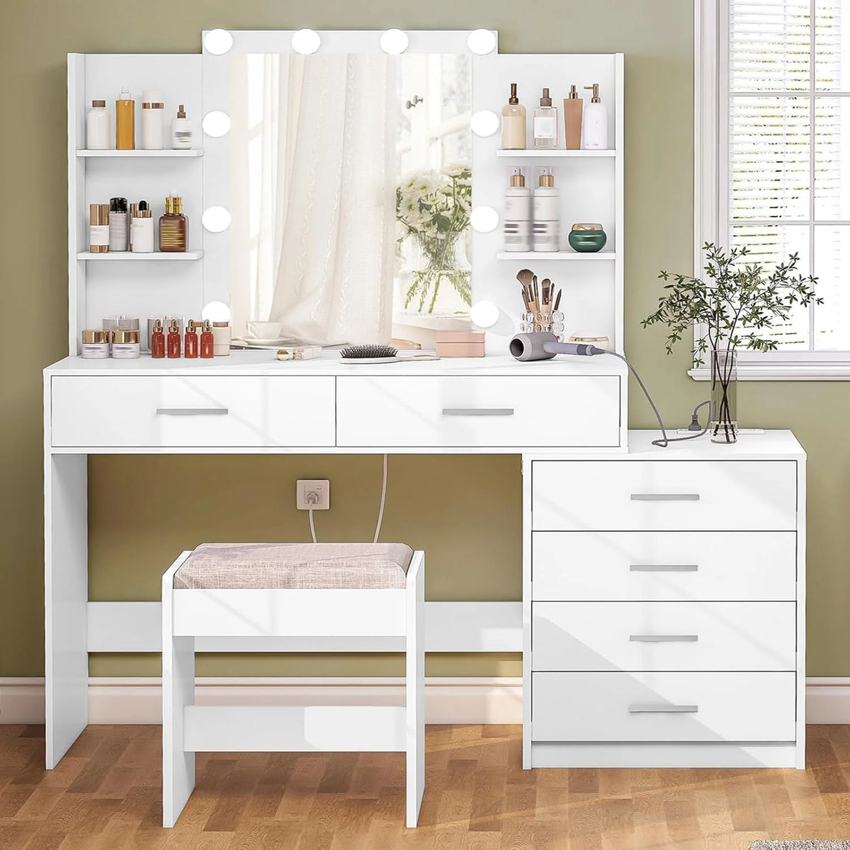 Makeup Vanity Desk with Mirror, Lights and 6 Drawers