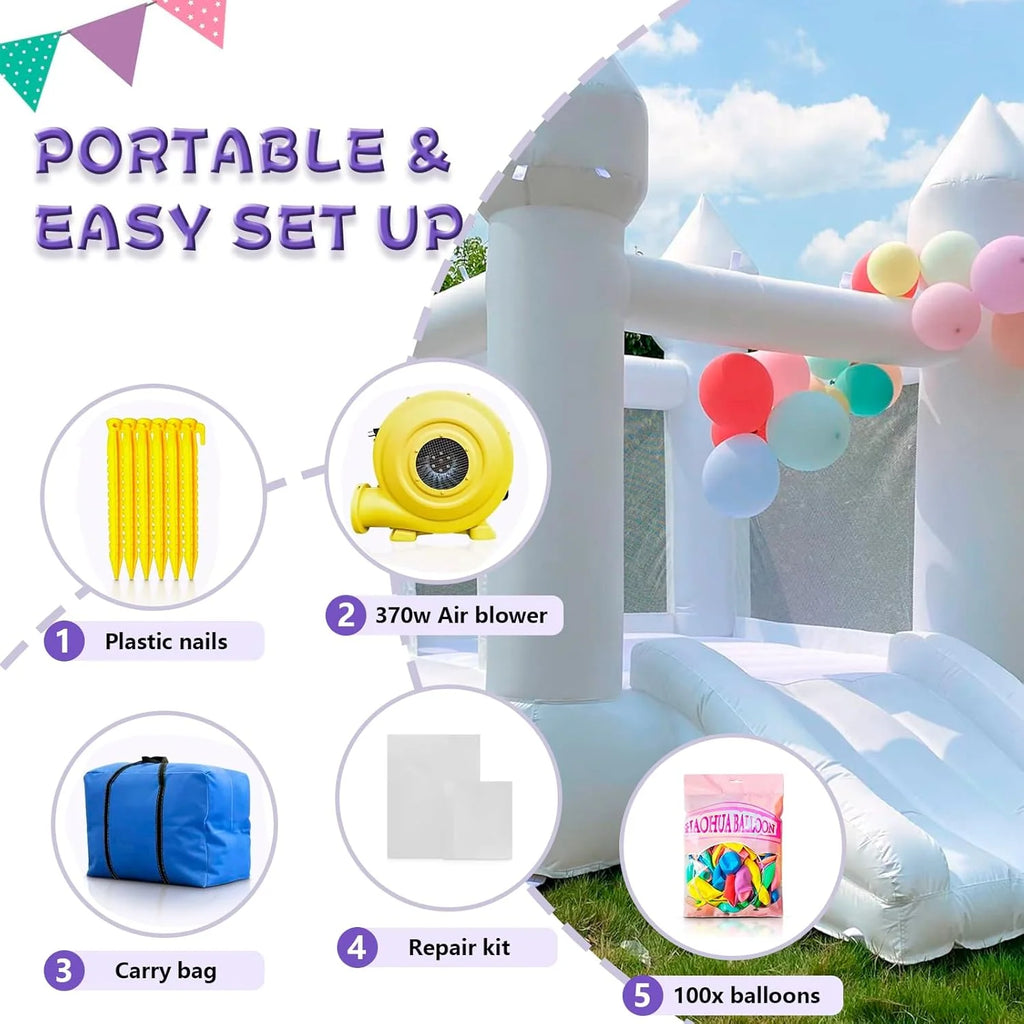 White Inflatable Bounce House with Slide and Blower