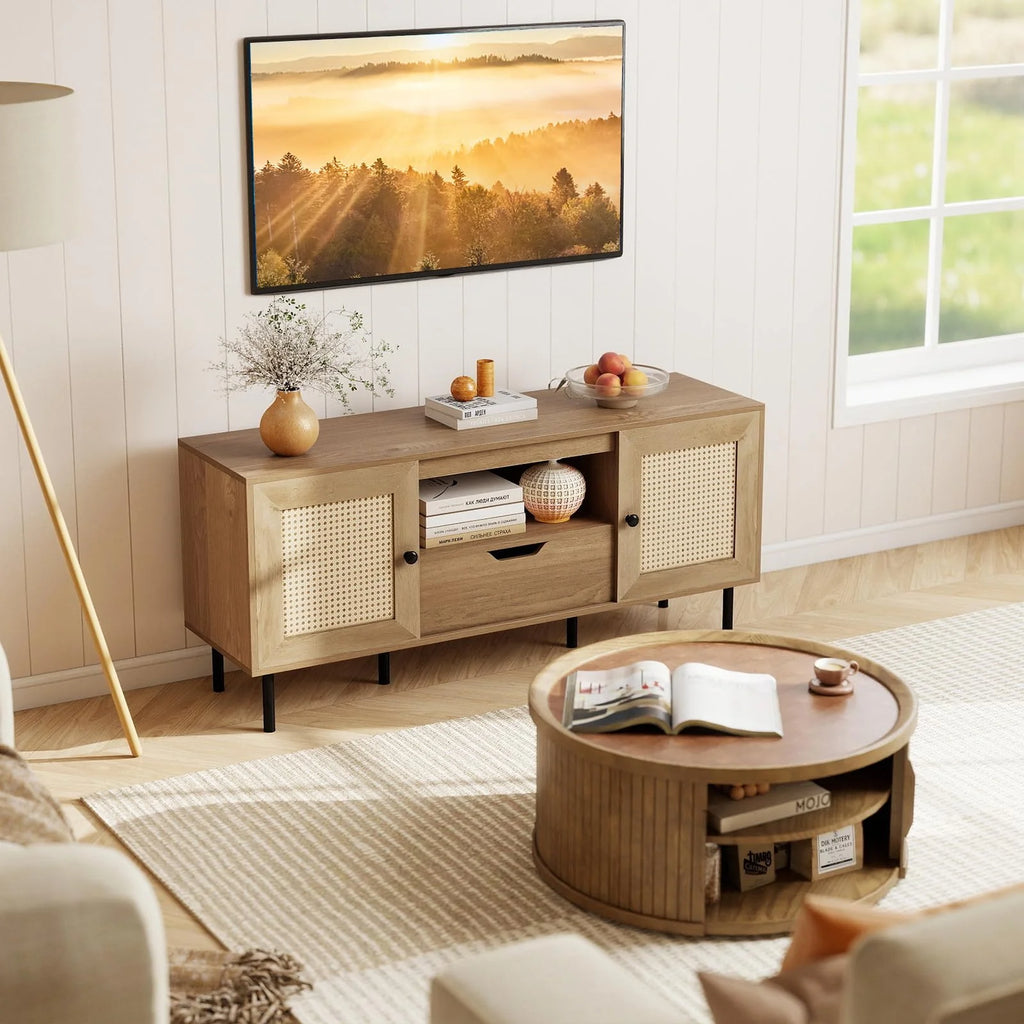 Tangkula Boho TV Stand for 60 Inch TV Entertainment Center with Cabinets and Storage Shelf