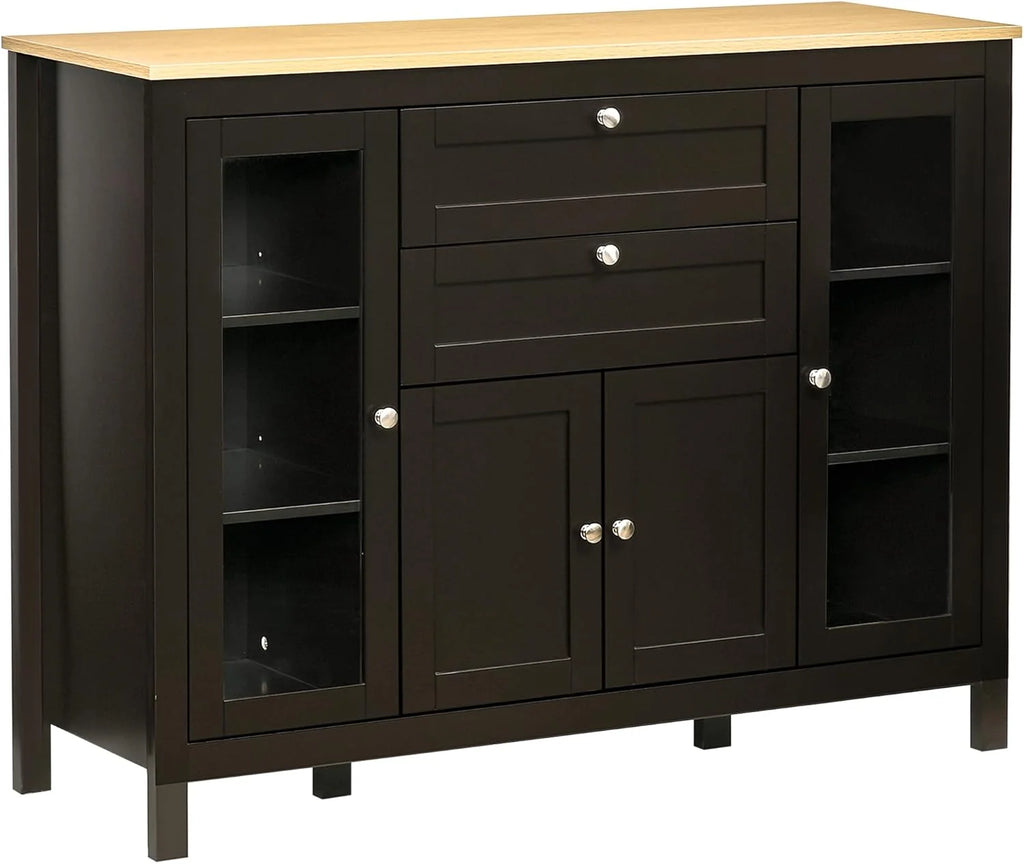 Kitchen Sideboard with Glass Doors and Two Drawers, Oak White