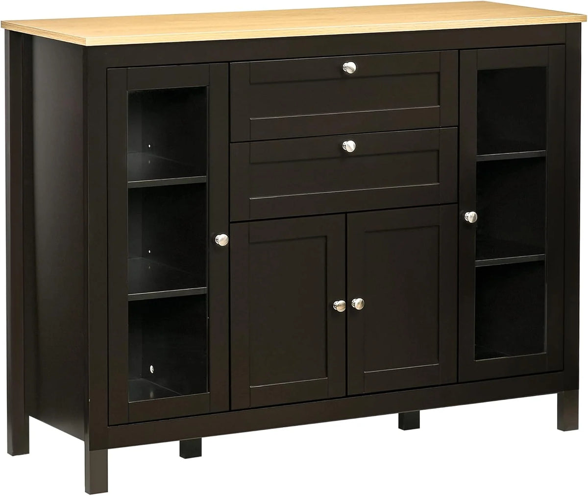 Kitchen Sideboard with Glass Doors and Two Drawers, Oak White