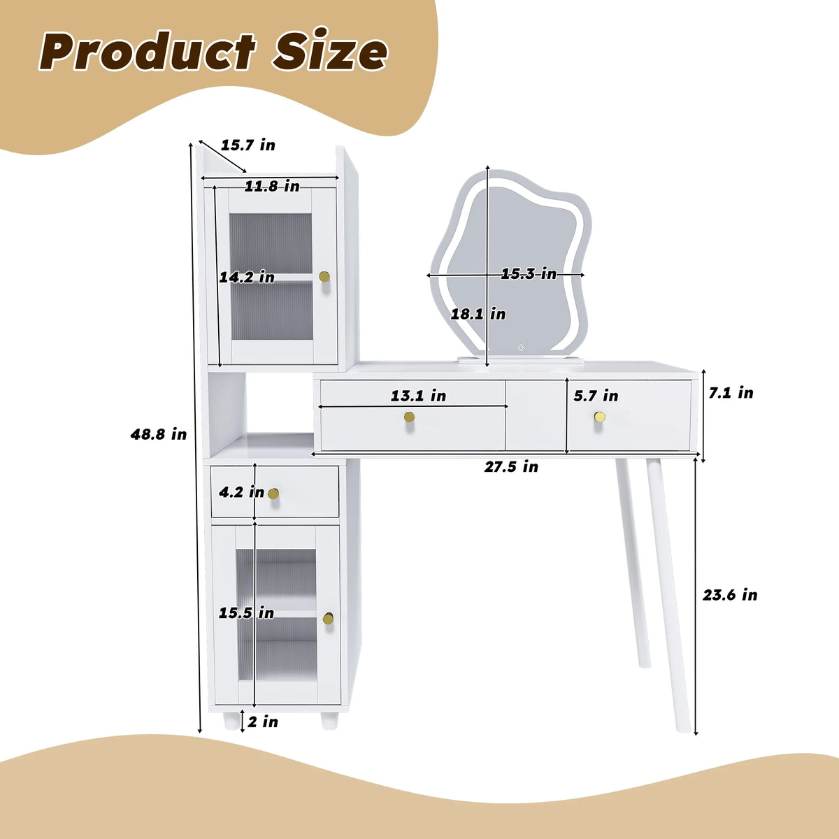 Montary Modern Mini Vanity W/Adjustable LED Mirror + Hidden Storage, Padded Stool & Dustproof Shelves (White)