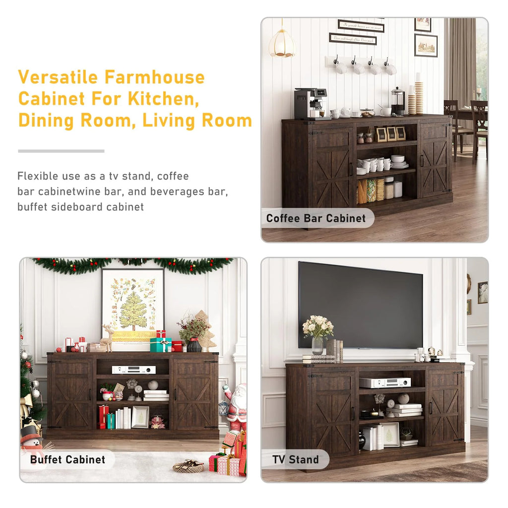 Chvans Farmhouse Barn Door TV Stand for up to 65" Tvs & 23" Electric Fireplace, Entertainment Center Console Table with Adjustable Shevles