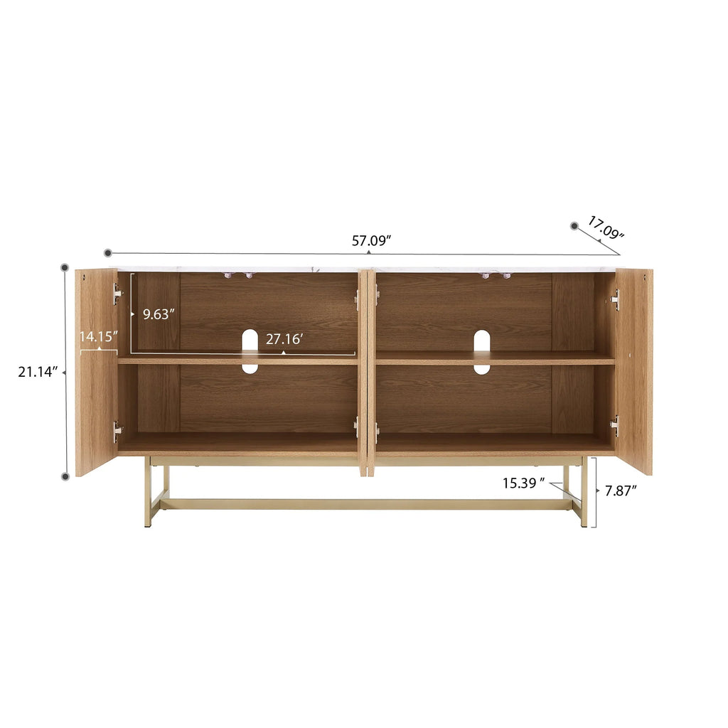 Roomfitters 57�?mid Century Modern TV Stand, Herringbone Pattern Buffet Cabinet Sideboard Credenza, Marble Top Media Console Entertainment Center for Living Room, Entryway (Oak Wood, Gold Metal Legs)