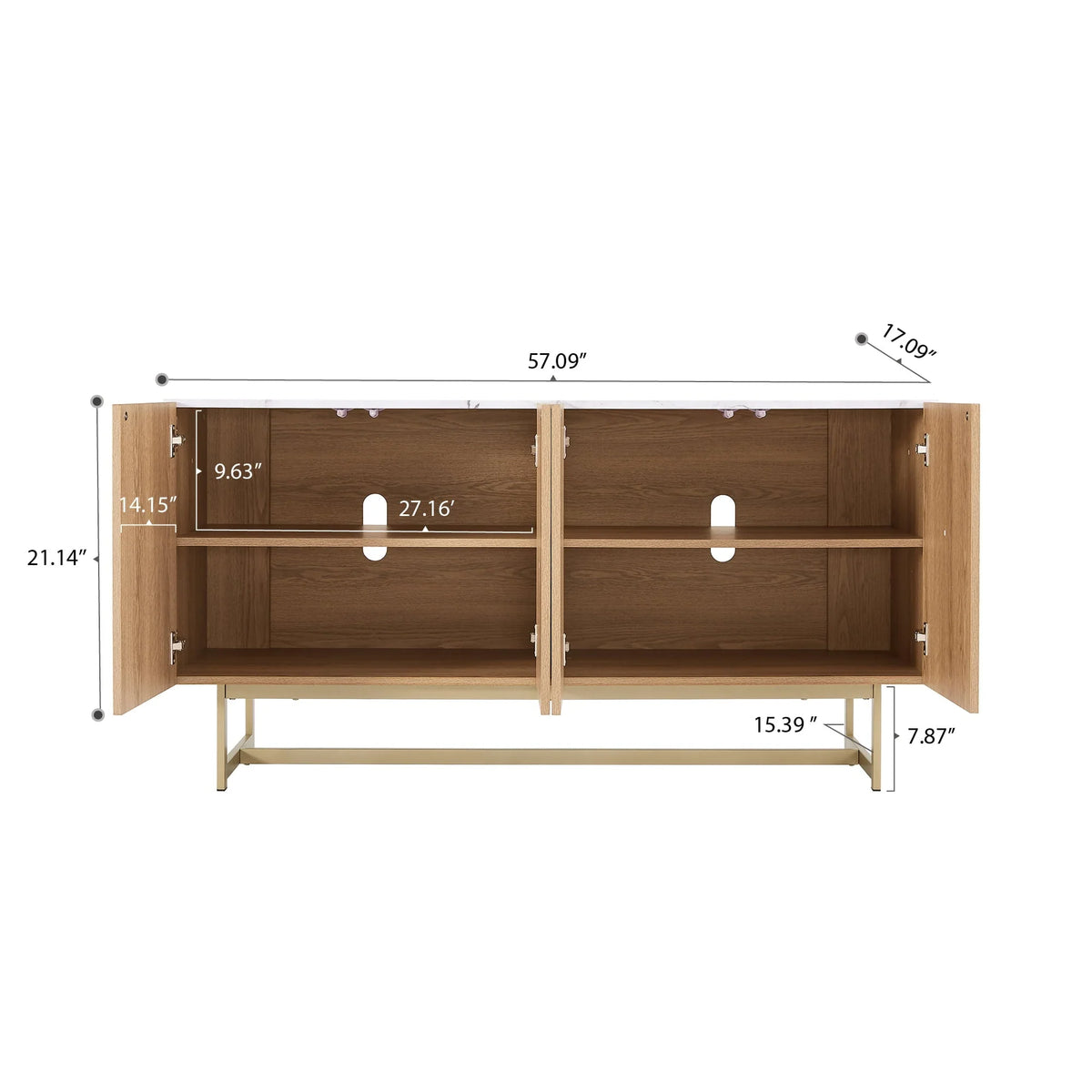 Roomfitters 57�?mid Century Modern TV Stand, Herringbone Pattern Buffet Cabinet Sideboard Credenza, Marble Top Media Console Entertainment Center for Living Room, Entryway (Oak Wood, Gold Metal Legs)
