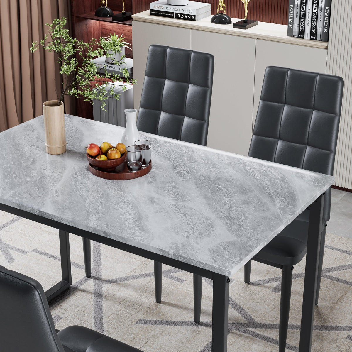 Seizeen Solid Wood Kitchen Table and Chairs, Dining Room Table Set for 4 with Gray Upholstered Chairs, Wood Grain Table Heavy - Duty Frame, Rustic Minimalist Style Breakfast Nook Set