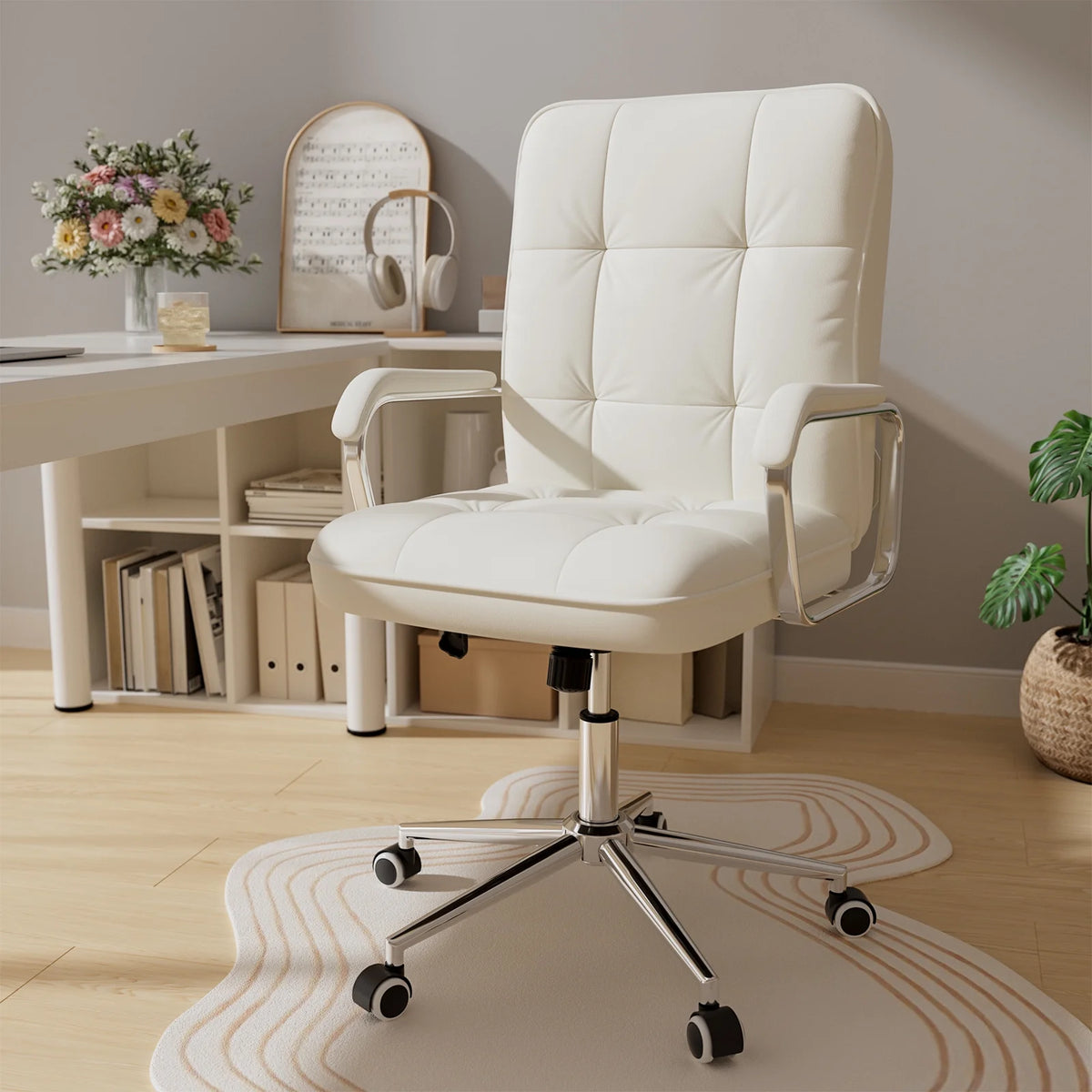 Solfway White Office Chair, Swivel Leather Computer Desk Chair with Wheels and Padded Arms, Executive Office Chair for Adults