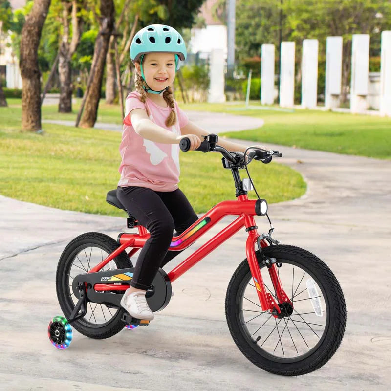 16/18 Inch LED Lighted Kids Bike with Training Wheels, Headlight, Adjustable Seat & Dual Brakes, Children Bicycle for Ages 4-8 Years