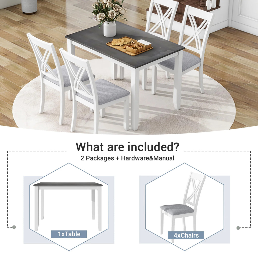 Seizeen Solid Wood Kitchen Table and Chairs, Dining Room Table Set for 4 with Gray Upholstered Chairs, Wood Grain Table Heavy - Duty Frame, Rustic Minimalist Style Breakfast Nook Set