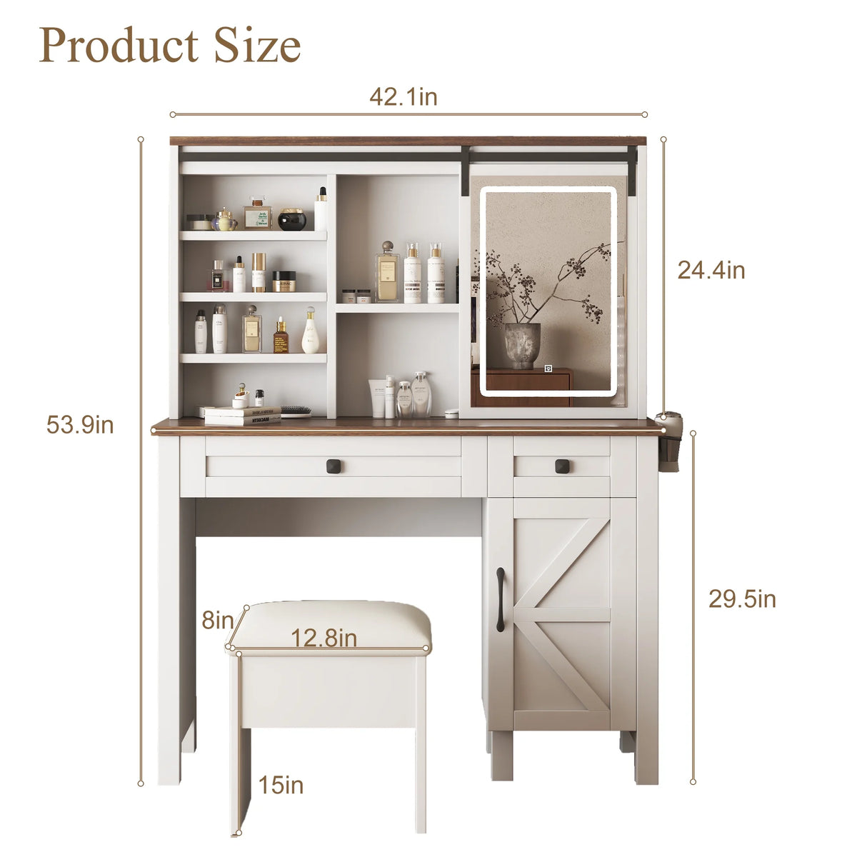 Montary Modern Mini Vanity W/Adjustable LED Mirror + Hidden Storage, Padded Stool & Dustproof Shelves (White)