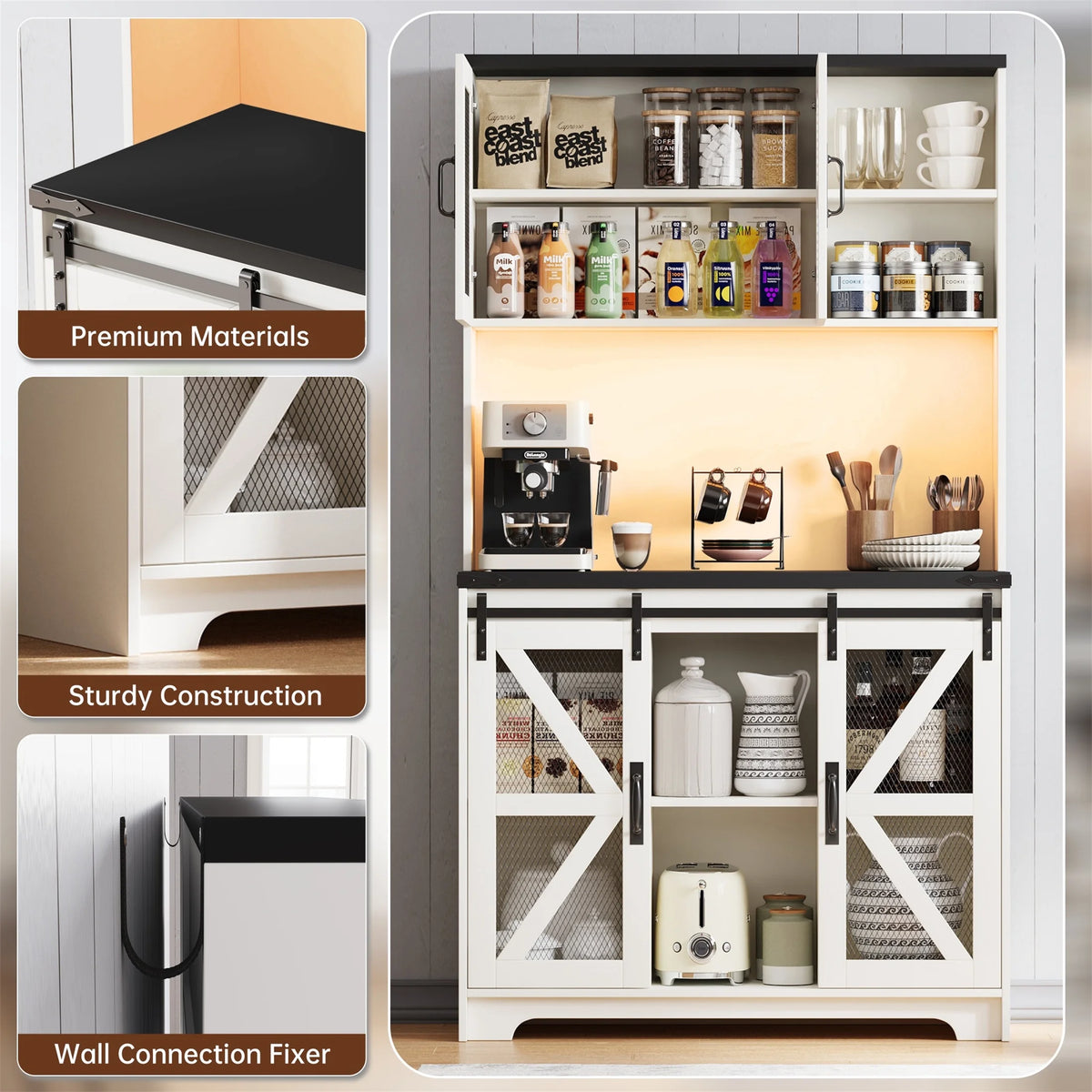 Planntonneo 71'' Tall Kitchen Pantry Storage Hutch Cabinet with Doors and Shelves, Grey Oak